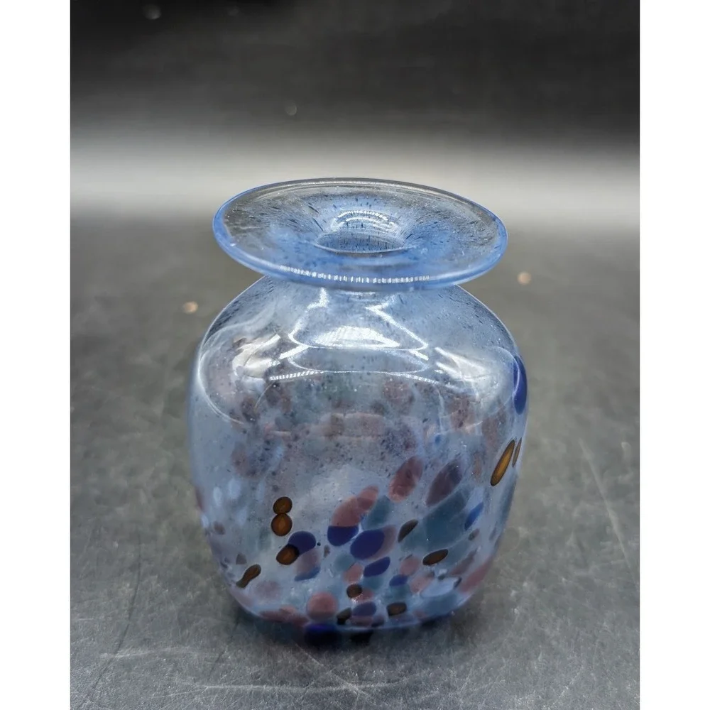 Hand Blown Blue Confetti Art Glass Bud Vase Squared Bulbous Studio Glass 3in